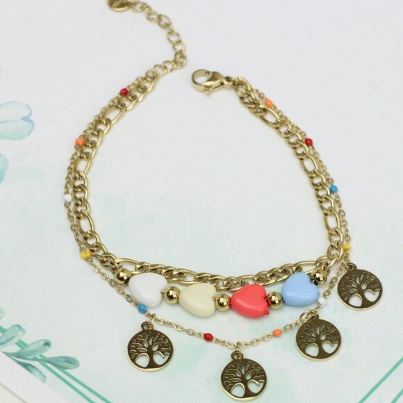 Trendy Yellow Gold Plated Heart & Tree Charm Bracelet for Women, XPBL0652 - Picture 1 of 12